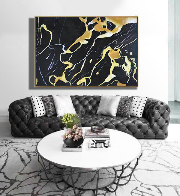 Hand Made Abstract Art,Hand Painted Oversized Horizontal Abstract Marble Art On Canvas,Acrylic Painting On Canvas,Earthy Yellow ,Black,White.etc